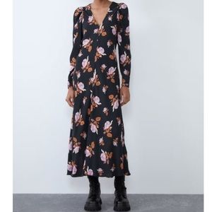 Zara floral puff sleeves midi dress